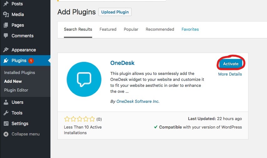 wordpress plugin onedesk activate