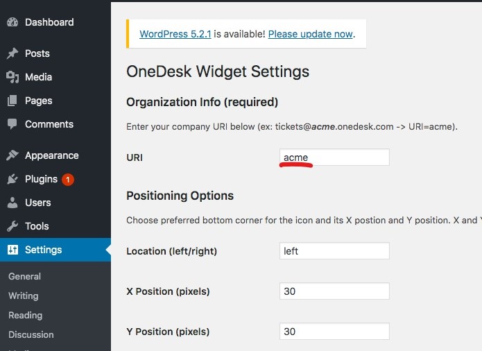 onedesk wordpress widget settings