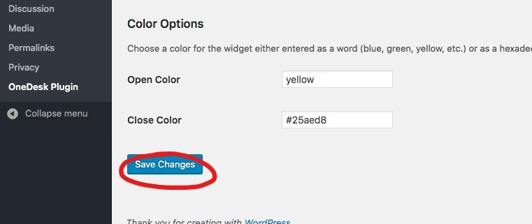 onedesk wordpress plugin save changes
