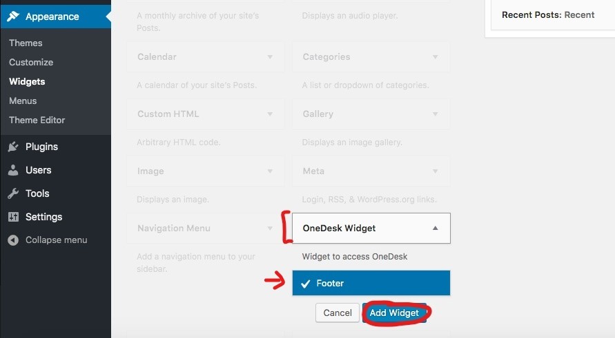 onedesk wordpress widget add to footer