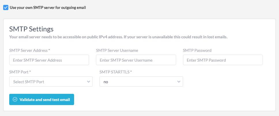 Paramètres SMTP pour le service d'assistance