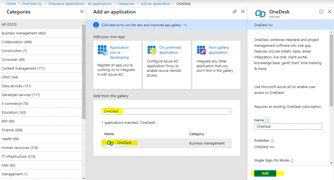 Add OneDesk App from the Azure Portal