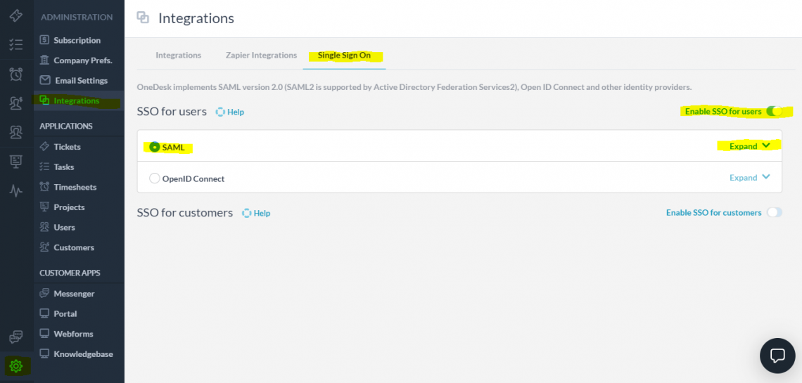 Enable SAML SSO in OneDesk