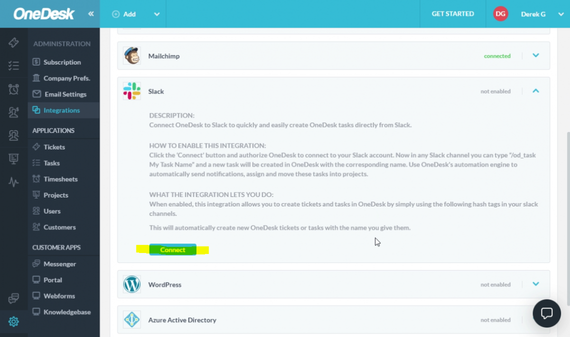 Connect OneDesk to Slack