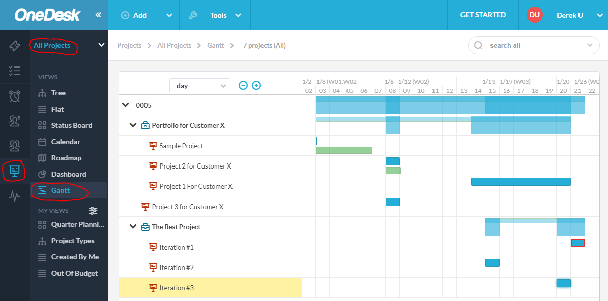 A gantt showing projects on a timeline