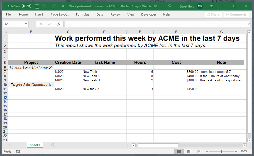 Export an excel report