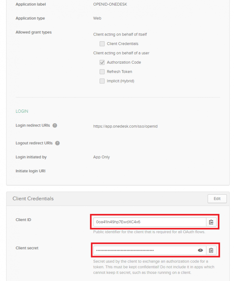 ID de cliente de Okta y sección de cliente