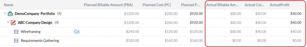Actual costs and billable amounts
