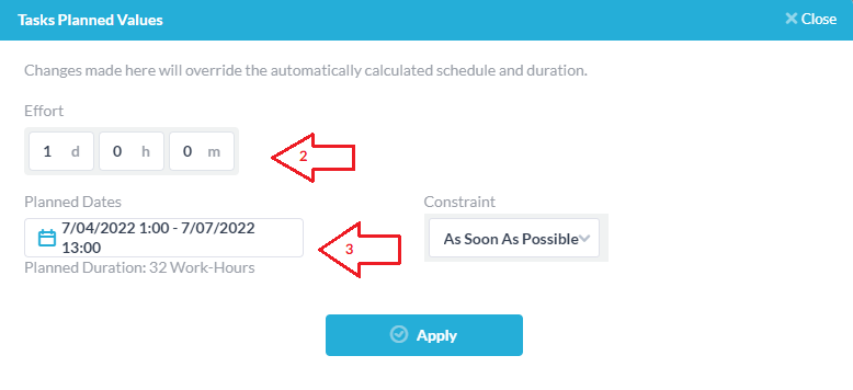 Task planned values panel with effort values