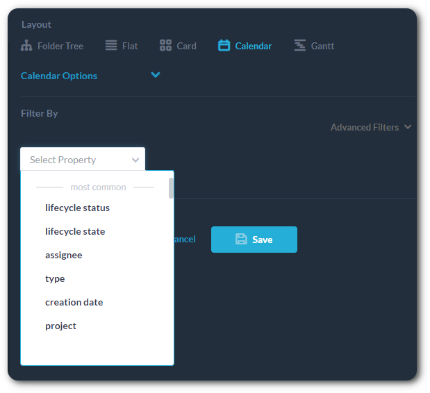 opciones de filtro de calendario